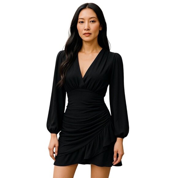 Delfi Bell Sleeve Mini Dress Black Size M Mobwife Stealth Wealth LBD Glam Sheer - Picture 1 of 14